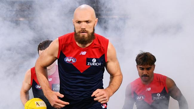 *APAC Sports Pictures of the Week - 2021, August 30* - ADELAIDE, AUSTRALIA - AUGUST 28: Max Gawn of the Demons   lead hjis team out of the race during the AFL First Qualifying Final match between Melbourne Demons and Brisbane Lions at Adelaide Oval on August 28, 2021 in Adelaide, Australia. (Photo by Mark Brake/Getty Images)