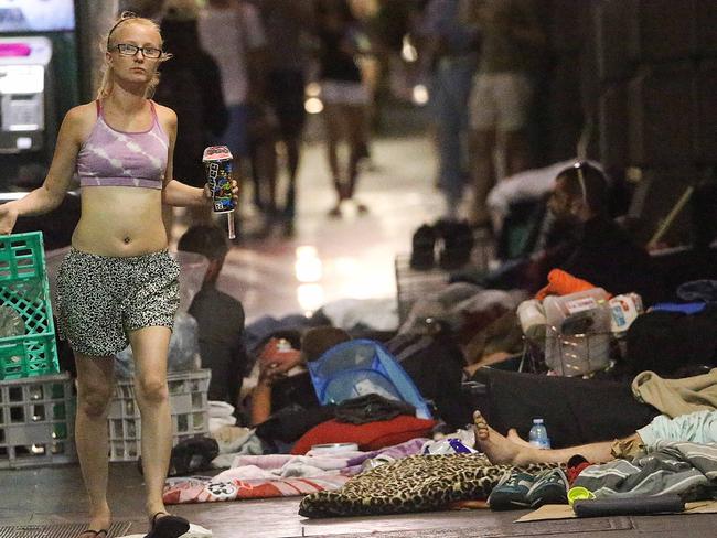 Homeless people camped in Flinders Street next to Flinders Street Station. Picture: Ian Currie