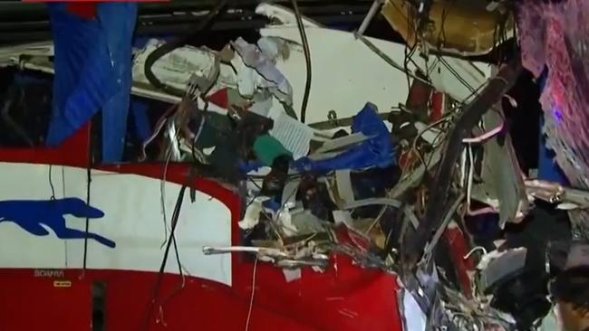 The damage to the Greyhound bus after the fatal crash on the Bruce Highway south of Ayr on Sunday. Picture: 7 News
