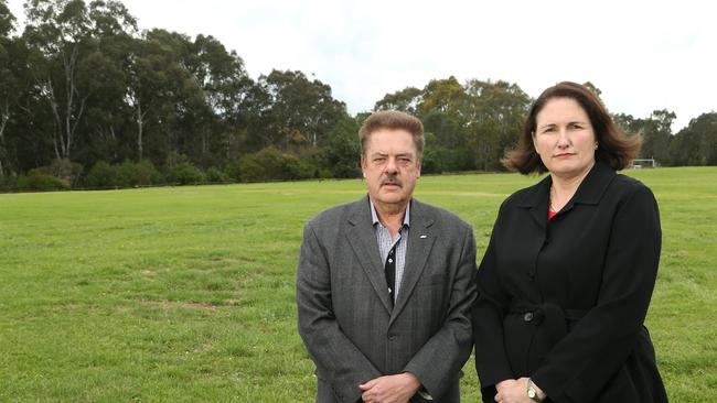 Manningham councillor Geoff Gough and Mayor Paula Piccinini in Bulleen Park. Picture: Hamish Blair