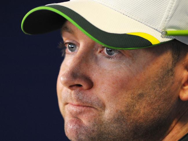 Australia captain Michael Clarke pauses during a press conference ahead of the third Ashes Test cricket match against England, at Edgbaston, Birmingham, England, Tuesday, July 28, 2015. (AP Photo/Rui Vieira)