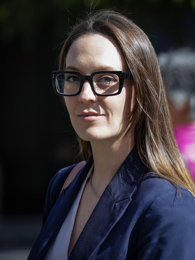 Sally Rugg leaves court after the continuing case of unfair work hours against her former employer federal MP Monique Ryan. Picture: NCA NewsWire / Ian Currie