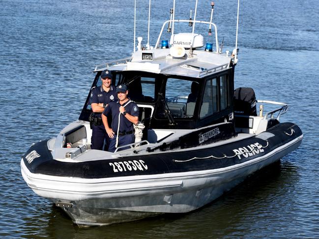 Redland Bay Water Police Sergeant Mitchell Gray and Senior Constable Justin Dunn patrol Moreton Bay. Picture: Renae Droop.