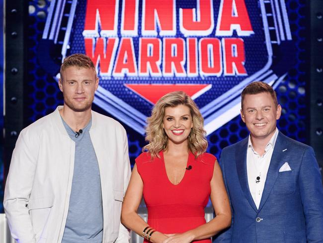 Hosts of Australian Ninja Warrior — Andrew Flintoff, Rebecca Maddern and Ben Fordham. Picture: Channel 9