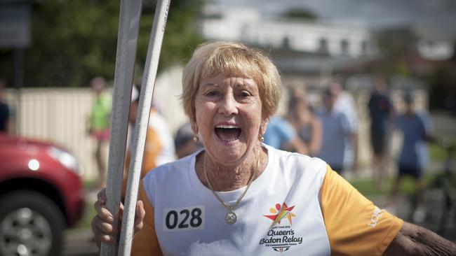 Daphne Pirie carrying the Baton for The Gold Coast 2018 Commonwealth Games Queen‘s Baton Relay. Picture: Supplied.