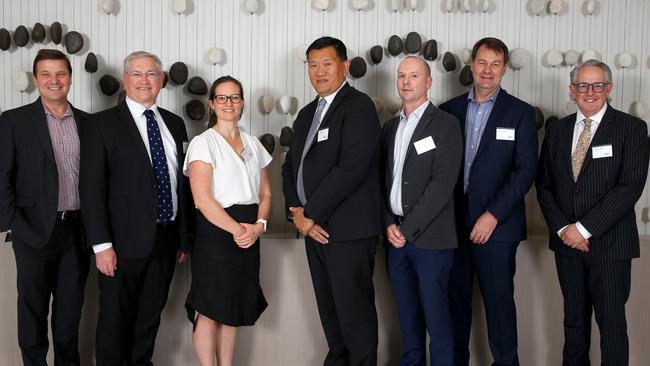 Stan Gallo (BDO), Vince Rodgers (Lander &amp; Rodgers) Briony Morgan (Escalating Consulting), John Chan (Bravus), Russell Bryson (KC Equipment), Leon Fouche (BDO) and Charlie Green (Geras Partners) at the BDO/The Courier-Mail boardroom lunch. Picture: David Clark