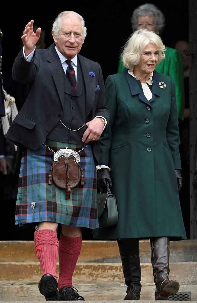 King Charles III and Camilla, Queen Consort walk to meet members of the public in Dunfermline in south east Scotland. Picture: Neil Hanna / AFP