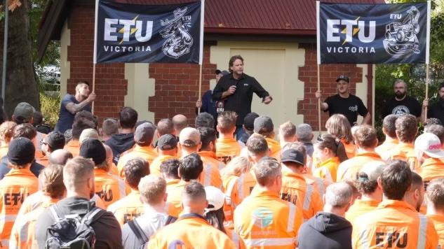 Troy Gray addresses 800 Electrical Trades Union members, after they walked off the Metro Tunnel project over fears duck hunting will be banned. Picture: Facebook