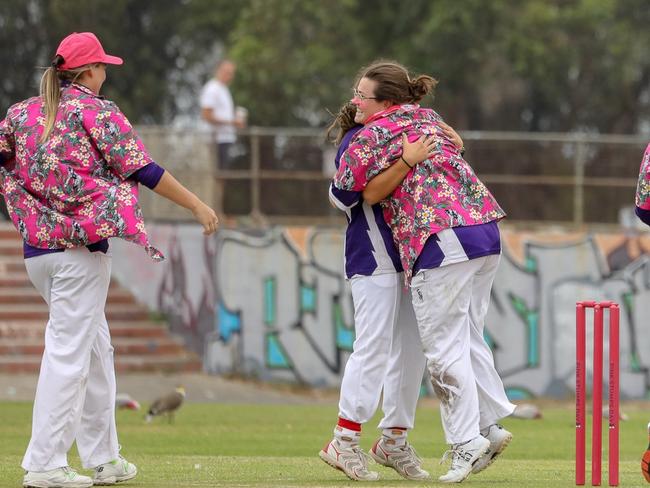 Southern Spirit players wore pink hawaiian shirts in the outfield during their Pink Stumps fundraiser against Narara. Picture: Nick Friend Facebook