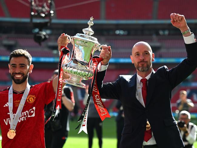 Bruno Fernandes and Erik ten Hag after United’s FA Cup win. Picture: Mike Hewitt/Getty Images