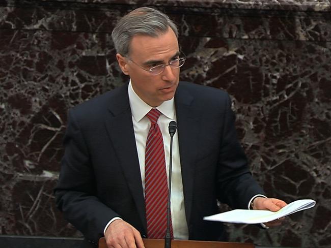 White House counsel Pat Cipollone speaks against an amendment offered by Senate Minority Leader Chuck Schumer during the impeachment trial. Picture: AP