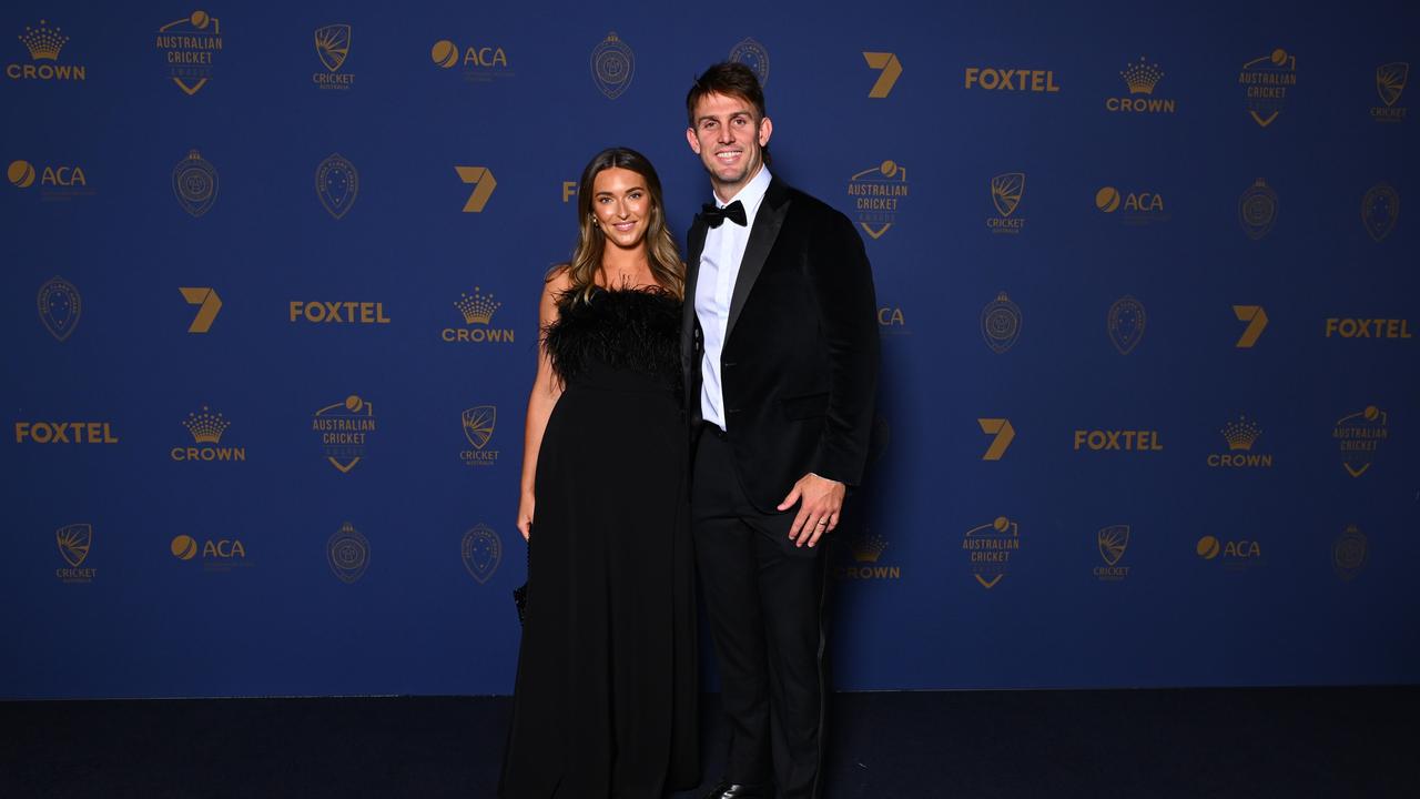 Mitchell Marsh and Greta arrive ahead of the 2024 Cricket Australia Awards. (Photo by Morgan Hancock/Getty Images for Cricket Australia)