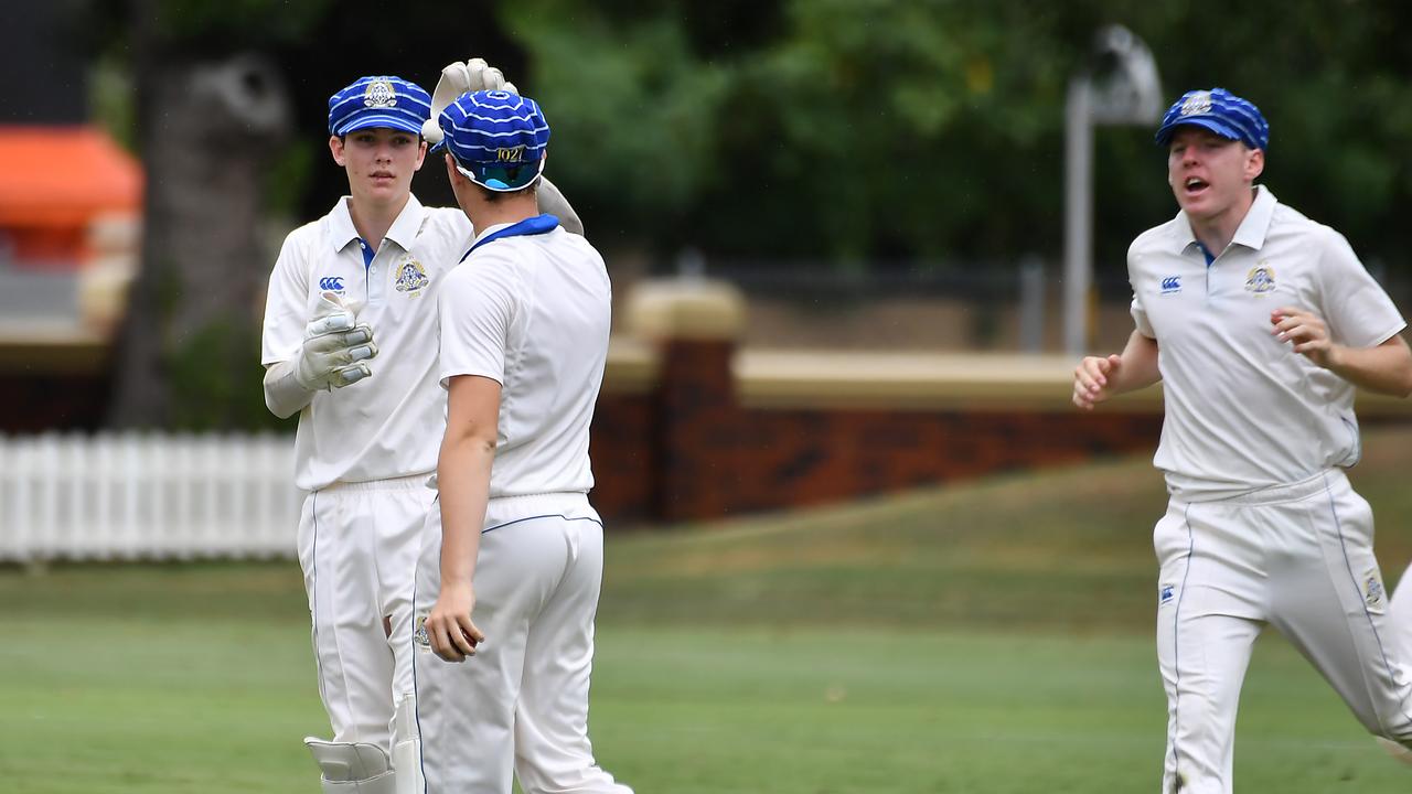 Noah McFadyen, right, runs into congratulate a wicket. Picture, John Gass