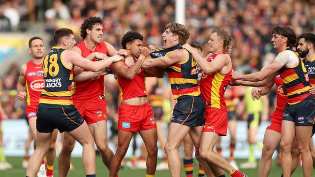 Mark Keane tussles during Adelaide’s game against Gold Coast. Picture: Sarah Reed/AFL Photos via Getty Images