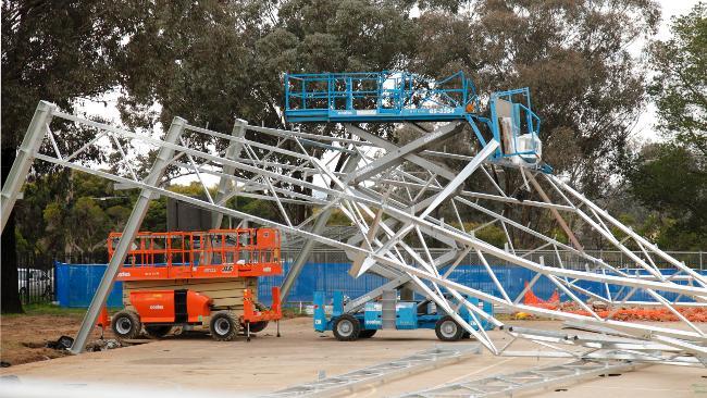 The collapsed outdoor covered learning area at Kooringal Public School in Wagga Wagga, NSW, which buckled during construction on Tuesday. Picture: Frank Perri