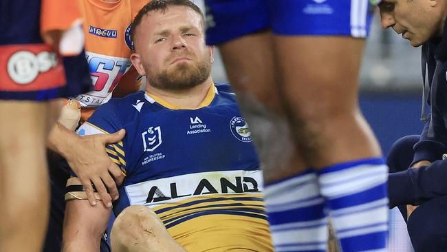 SYDNEY, AUSTRALIA - MAY 01: Nathan Brown of the Eels suffers an injury during the round eight NRL match between the Canterbury Bulldogs and the Parramatta Eels at Stadium Australia, on May 01, 2021, in Sydney, Australia. (Photo by Mark Evans/Getty Images)