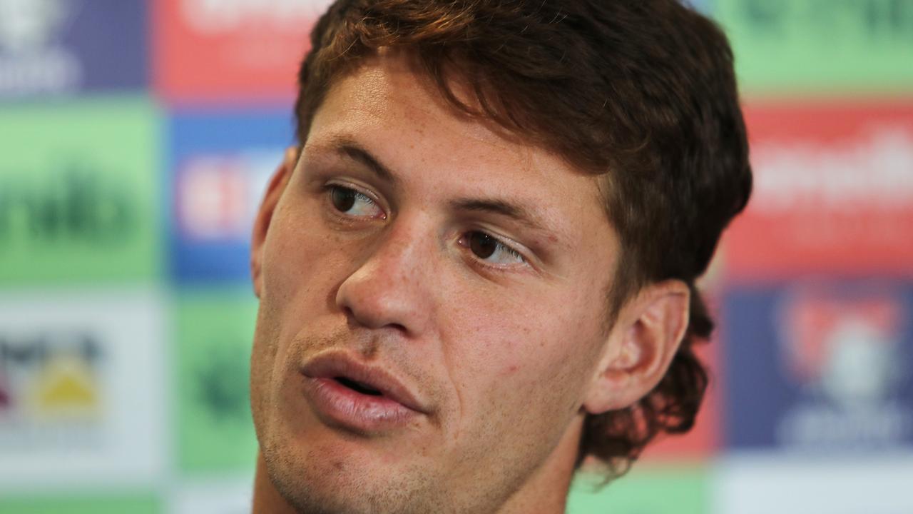 NEWCASTLE, AUSTRALIA - APRIL 20: Kalyn Ponga speaks during a Newcastle Knights NRL media opportunity at the Knights Centre of Excellence on April 20, 2022 in Newcastle, Australia. (Photo by Peter Lorimer/Getty Images)