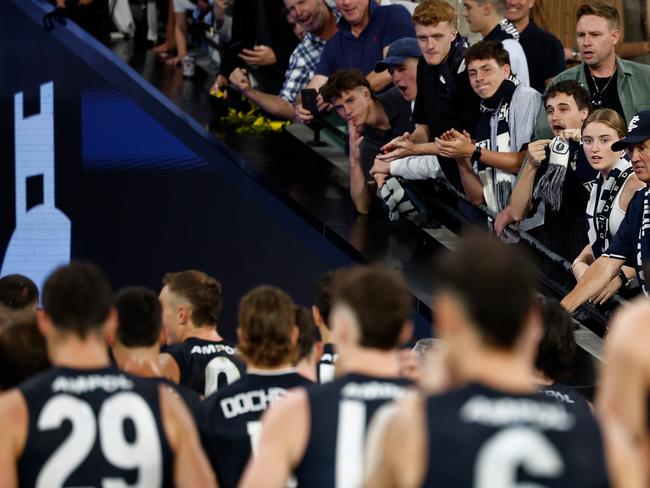 Carlton fans vent their anger after the club’s shock round 1 loss. Picture: Michael Willson/AFL Photos via Getty Images