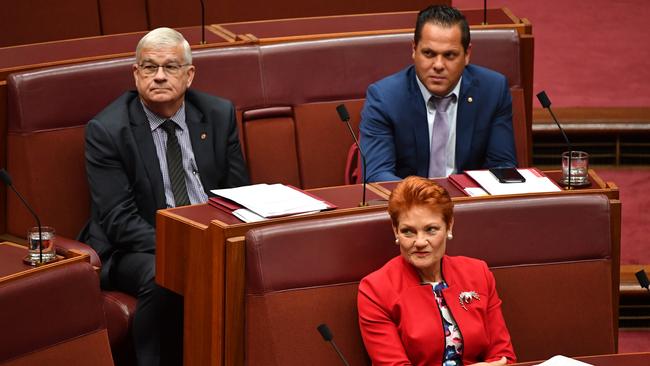 One Nation leader Senator Pauline Hanson, One Nation Senator Brian Burston and One Nation Senator Peter Georgiou during Senate Question Time today. Picture: AAP