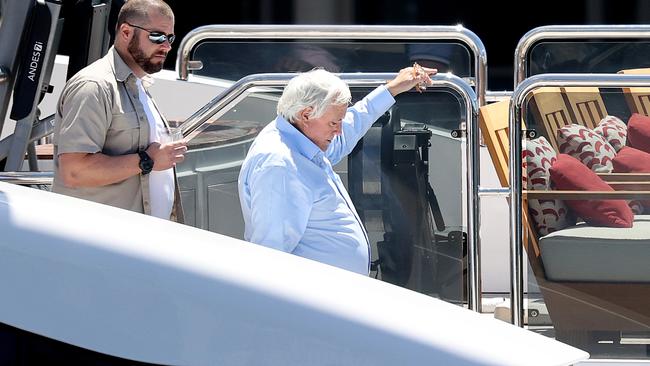 Clive Palmer and guests aboard his 4super yacht on Sydney Harbour as court case continues. Picture: NCA NewsWire / Dylan Coker