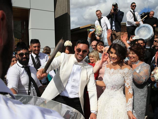 Former Deputy Auburn Mayor Salim Mehajer beats some drums at his wedding in Lidcombe. Picture: Toby Zerna