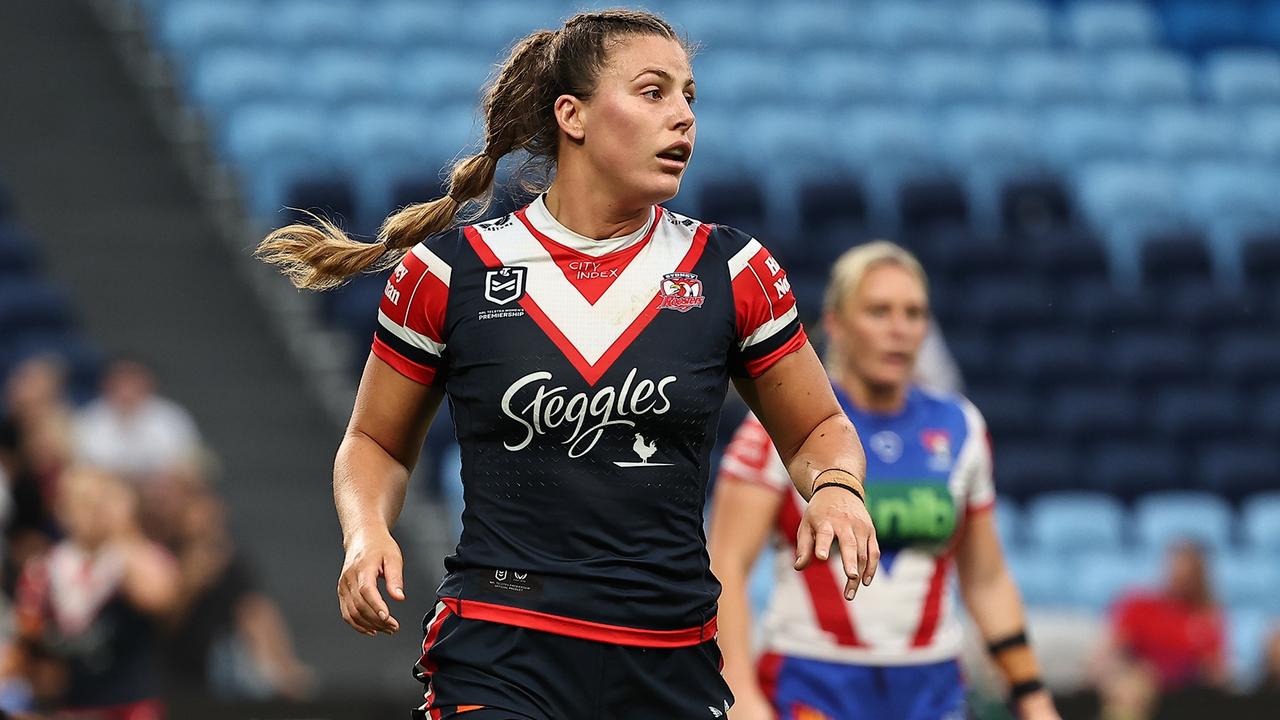 SYDNEY, AUSTRALIA - SEPTEMBER 29: Jessica Sergis of the Roosters reactsduring the NRLW Semi Final match between Sydney Roosters and Newcastle Knights at Allianz Stadium on September 29, 2024 in Sydney, Australia. (Photo by Jeremy Ng/Getty Images)