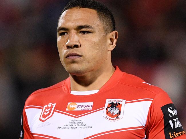 Tyson Frizell of the Dragons warms up ahead of the Round 18 NRL match between the Penrith Panthers and the St George Illawarra Dragons at Panthers Stadium in Sydney, Friday, July 19, 2019. (AAP Image/Dan Himbrechts) NO ARCHIVING, EDITORIAL USE ONLY