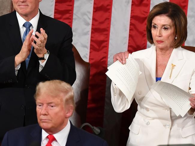 Ms Pelosi responded by ripping up a copy of President Trump’s speech. Picture: Mandel Ngan