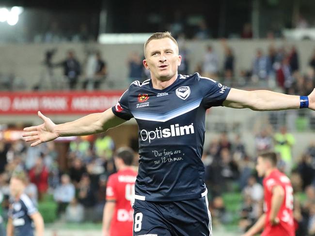 MELBOURNE, AUSTRALIA - FEBRUARY 25: Besart Berisha of the Victory celebrates after scoring their second goal during the round 21 A-League match between Melbourne Victory and Adelaide United at AAMI Park on February 25, 2017 in Melbourne, Australia. (Photo by Scott Barbour/Getty Images)