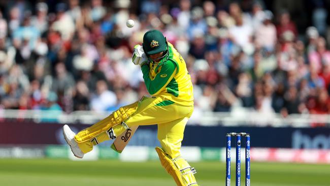 NOTTINGHAM, ENGLAND - JUNE 06: Usman Khawaja of Australia is struck on the head from a delivery from Oshane Thomas during the Group Stage match of the ICC Cricket World Cup 2019 between Australia and the West Indies at Trent Bridge on June 06, 2019 in Nottingham, England. (Photo by David Rogers/Getty Images)