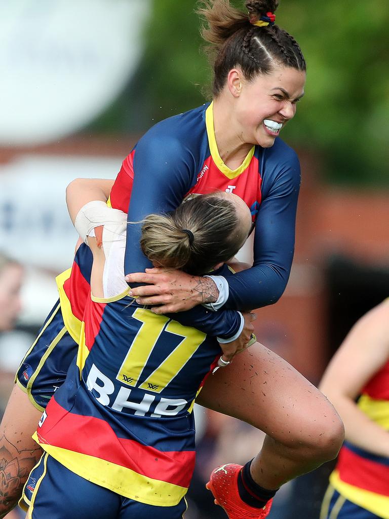 Anne Hatchard celebrates a goal. Picture: Sarah Reed/AFL Photos via Getty Images