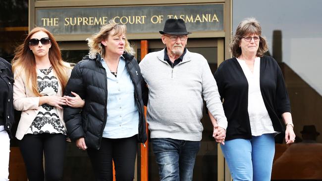 From left, Dwayne Davies’ niece Danielle Lush, sister Kelly Goss, father Glen Davies and stepmother Karen Davies leave the Supreme Court in Hobart.