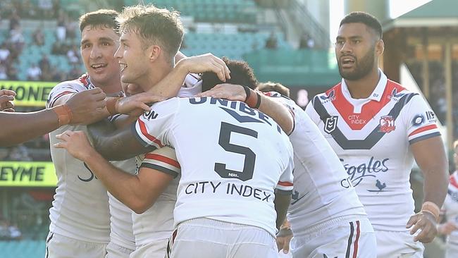 SYDNEY, AUSTRALIA - APRIL 17: Sam Walker of the Roosters scores a try during the round 6 NRL match between the Sydney Roosters and the Warriors at Sydney Cricket Ground, on April 17, 2022, in Sydney, Australia. (Photo by Cameron Spencer/Getty Images)