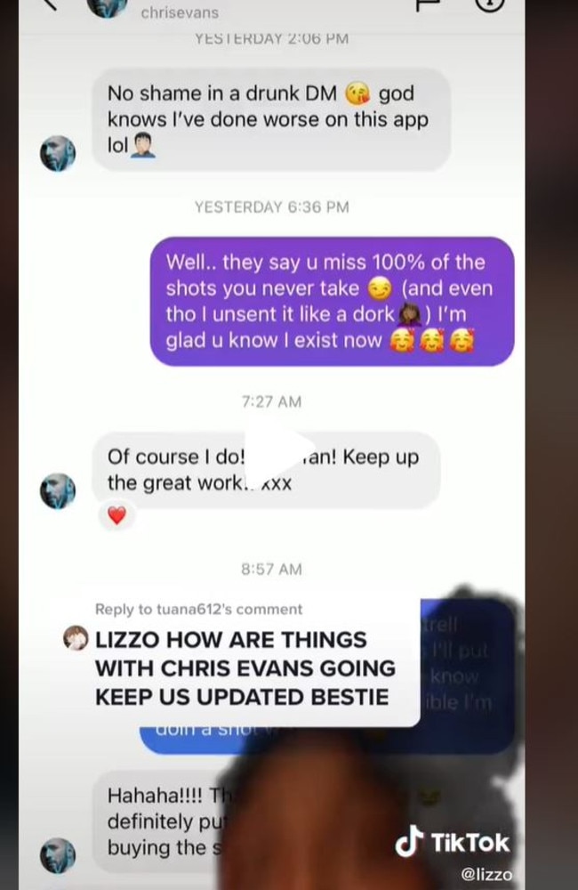 Lizzo shared her private messages with the star for a split second, concealing their most recent interaction with her head. Picture: TikTok.