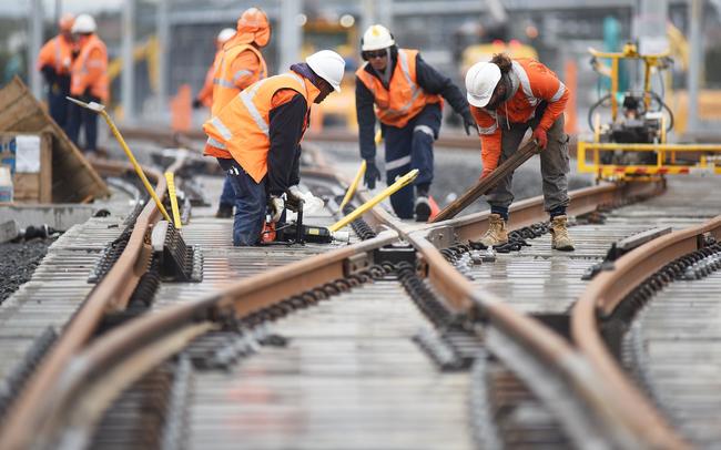 Rail tracks being laid along the Sydney Metro Northwest.