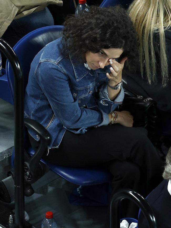 Nadal’s wife wipes away tears. (Photo by Daniel Pockett/Getty Images)