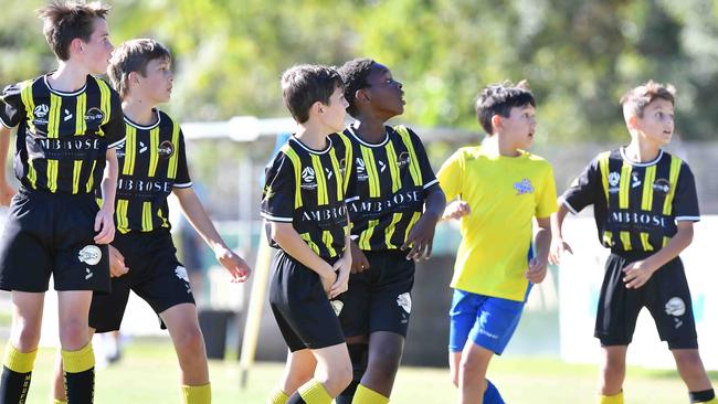 SOCCER: Junior football carnival, Maroochydore. Moreton Bay United V Strikers, U12 boys. Picture: Patrick Woods.