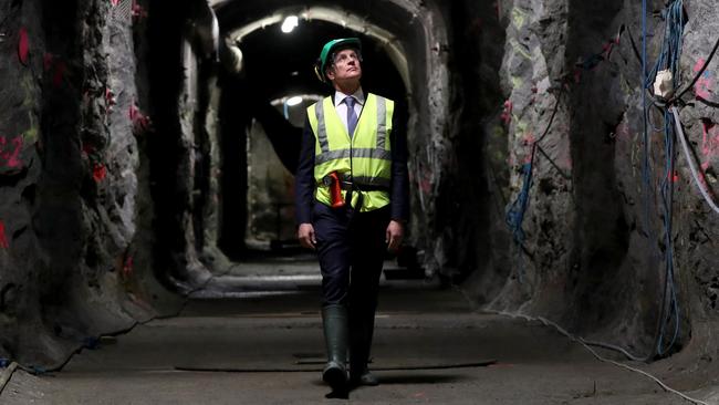 Premier Jay Weatherill walks through tunnels far below the surface at the Onkalo underground nuclear storage facility in Finland. Picture: Calum Robertson