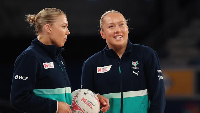 Kate Moloney of the Vixens and Hannah Mundy of the Vixens warm up during the round nine Super Netball match between Melbourne Vixens and Melbourne Mavericks at John Cain Arena, on June 10, 2024, in Melbourne, Australia. (Photo by Kelly Defina/Getty Images)