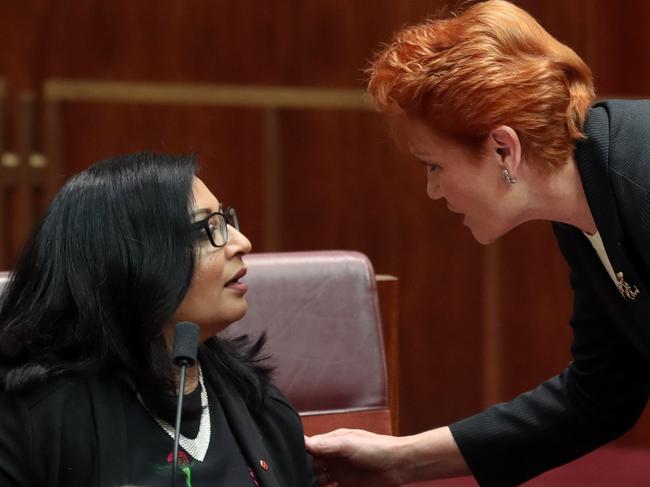 The swearing in of new Greens Senator Mehreen Faruqi in the Senate chamber in Parliament House in Canberra.Senator Pauline Hanson shook the hand of the new Greens Senator Mehreen Faruqi.Picture: Gary Ramage