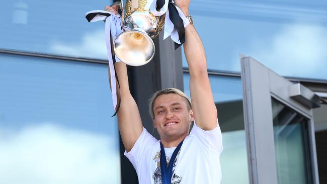 Darcy Moore in celebration mode at the Magpies’ fan day. Picture: Quinn Rooney/Getty Images