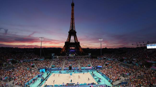 Beach volleyball in front of the Eiffel Tower at the Paris Olympics. Picture: Adam Head