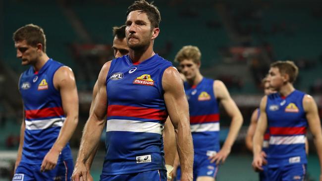 Western Bulldogs players leave the field after last week’s loss. Picture: Getty Images