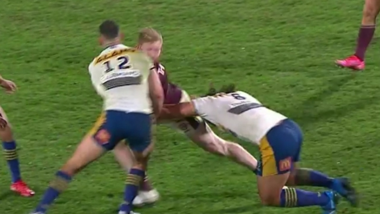 Ryan Matterson was sent from the field over a shoulder to the head of Manly's Brad Parker.