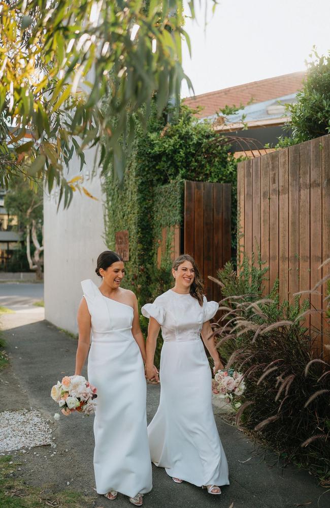 Eliza wore a gown by Alca Line Bride and Sarah wore a dress by Rachel Gilbert. Picture: Corey Wright Photographer