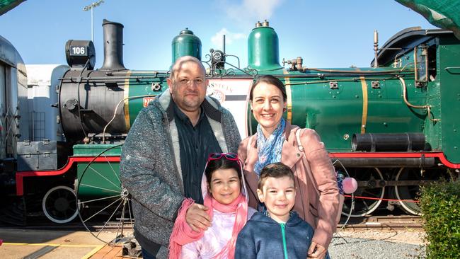 Passengers on the "Pride of Toowoomba" at Drayton Station, Paul Rama Ray, Candice Rama Ray, Grace Rama Ray and Archie Rama Ray. Saturday May 18th, 2024 Picture: Bev Lacey