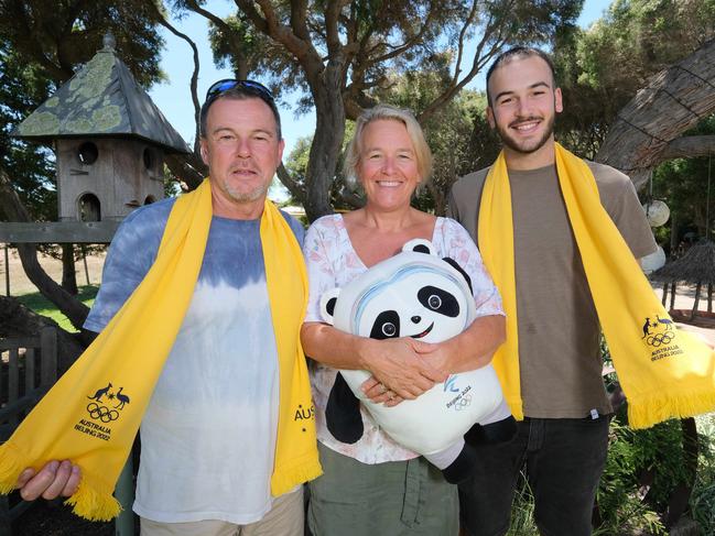 Barwon Heads Olympian Jakara Anthony won gold at the 2022 winter olympics with celebrations - Barwon Heads. Pictured are the Anthony family Jakara’s dad Daryn , mum Sue and brother Matt. Picture: Mark Wilson