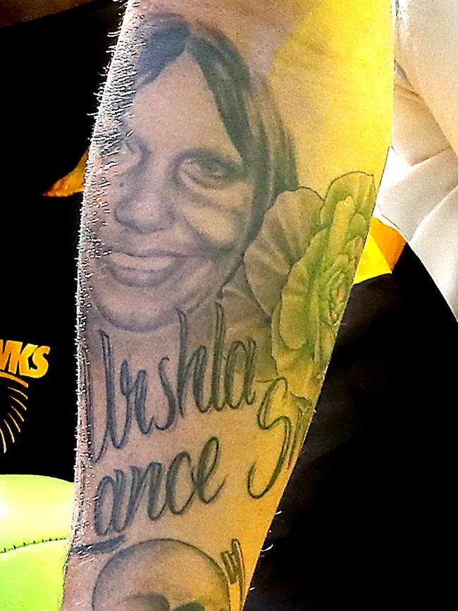 Lance Franklin has his mother tattooed on his right forearm. Picture: Wayne Ludbey