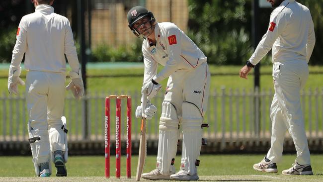 Mac Jenkins of the Bears takes guard during his unbeaten 123 runs in round 4 of the NSW Premier Grade match with Gordon at Chatswood Oval on October 29, 2022. (Photo by Jeremy Ng/Newscorp Australia)