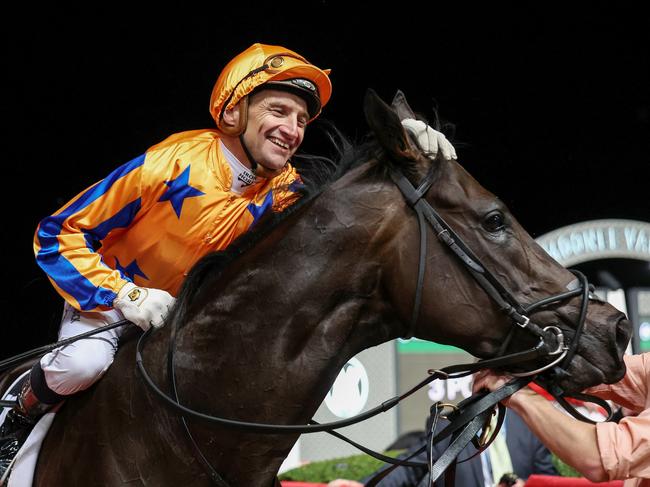 Opie Bosson returns to the mounting yard aboard Imperatriz after winning the 3 Point Motors William Reid Stakes  at Moonee Valley Racecourse on March 24, 2023 in Moonee Ponds, Australia. (Photo by George Sal/Racing Photos via Getty Images)